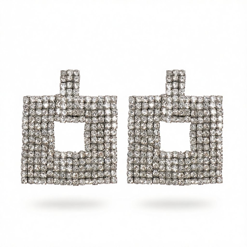 Cubic Zirconia and Silver-Plated Open Square Drop Earrings, silver drop earrings for women, everyday style, side view