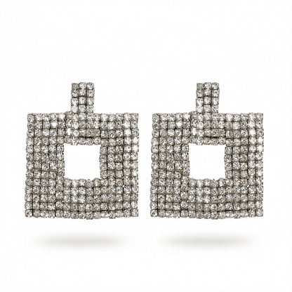 Cubic Zirconia and Silver-Plated Open Square Drop Earrings, silver drop earrings for women, everyday style, side view