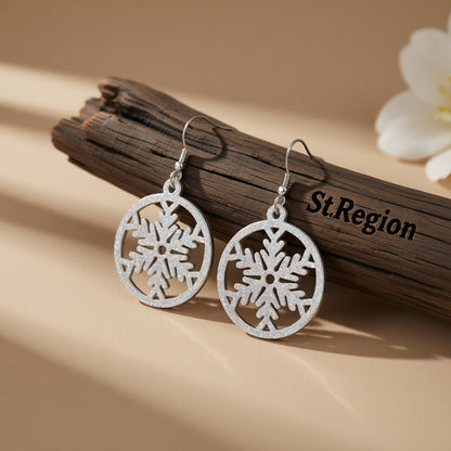 Acrylic and Silver-Plated Glitter Snowflake Circle Drop Earrings, silver drop earrings for women, everyday style, front view