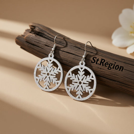 Acrylic and Silver-Plated Glitter Snowflake Circle Drop Earrings, silver drop earrings for women, everyday style, front view