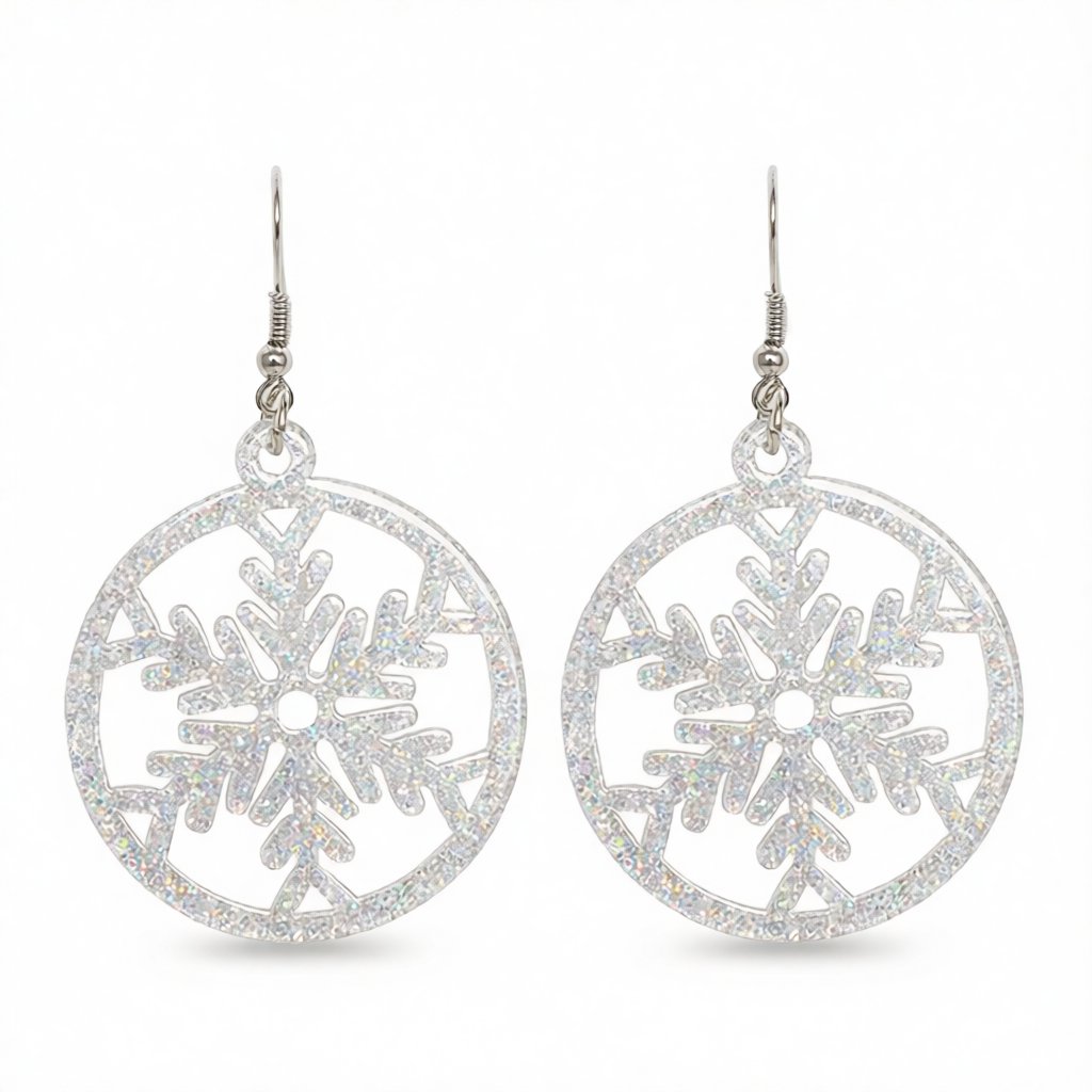 Acrylic and Silver-Plated Glitter Snowflake Circle Drop Earrings, silver drop earrings for women, everyday style, side view