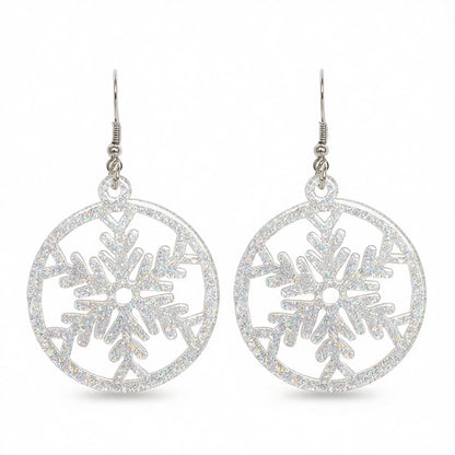 Acrylic and Silver-Plated Glitter Snowflake Circle Drop Earrings, silver drop earrings for women, everyday style, side view