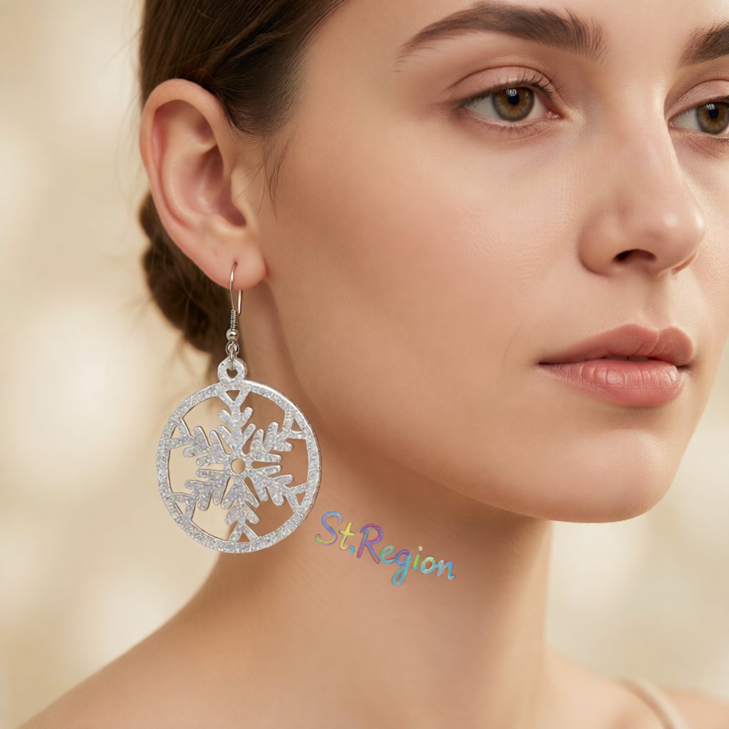 Acrylic and Silver-Plated Glitter Snowflake Circle Drop Earrings, silver drop earrings for women, everyday style, styled look