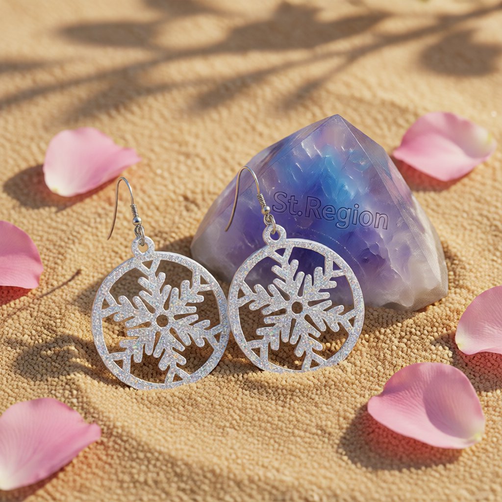 Acrylic and Silver-Plated Glitter Snowflake Circle Drop Earrings, silver drop earrings for women, detail close-up