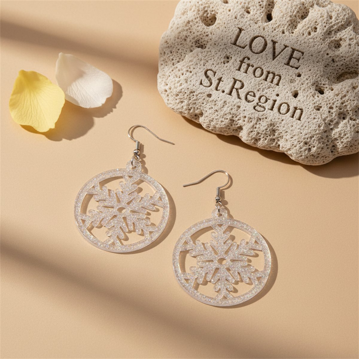 Acrylic and Silver-Plated Glitter Snowflake Circle Drop Earrings, silver drop earrings for women, lifestyle look