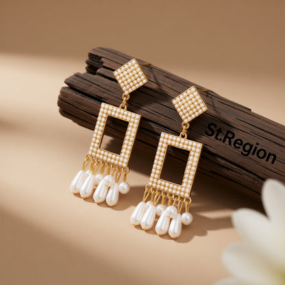 Pearl and 18K Gold-Plated Rhombus Rectangle Tassel Drop Earrings, gold drop earrings for women, everyday style, front view