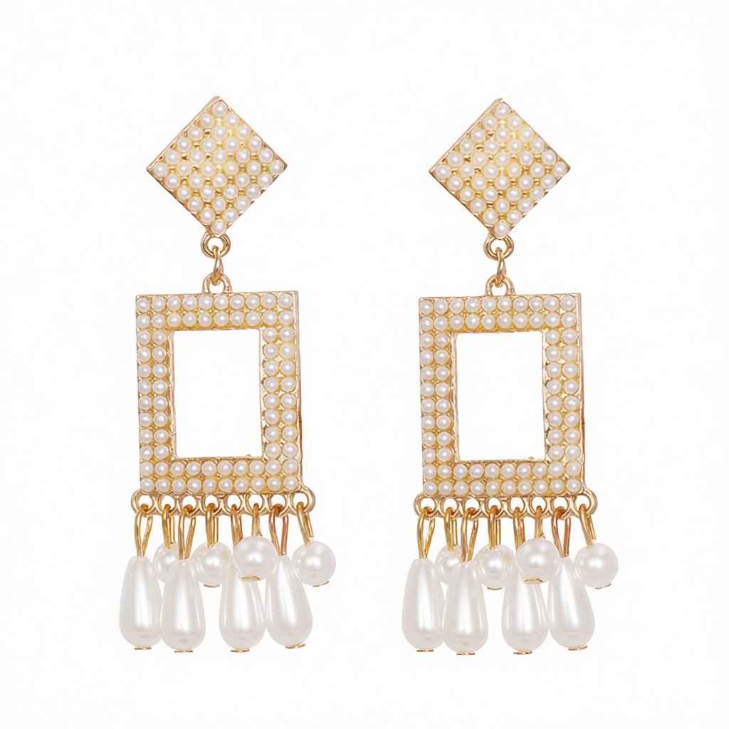 Pearl and 18K Gold-Plated Rhombus Rectangle Tassel Drop Earrings, gold drop earrings for women, everyday style, side view