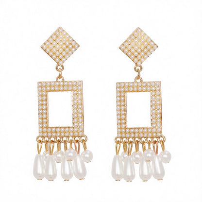 Pearl and 18K Gold-Plated Rhombus Rectangle Tassel Drop Earrings, gold drop earrings for women, everyday style, side view