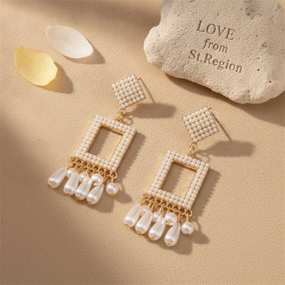Pearl and 18K Gold-Plated Rhombus Rectangle Tassel Drop Earrings, gold drop earrings for women, lifestyle look