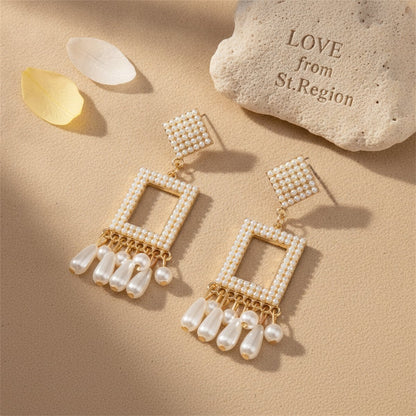 Pearl and 18K Gold-Plated Rhombus Rectangle Tassel Drop Earrings, gold drop earrings for women, lifestyle look