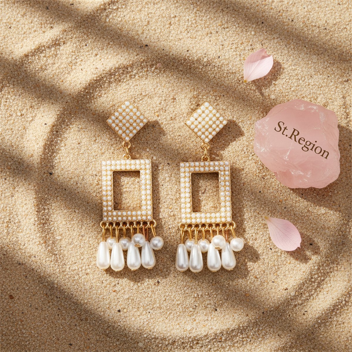 Pearl and 18K Gold-Plated Rhombus Rectangle Tassel Drop Earrings, gold drop earrings for women, detail close-up