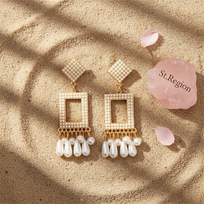 Pearl and 18K Gold-Plated Rhombus Rectangle Tassel Drop Earrings, gold drop earrings for women, detail close-up