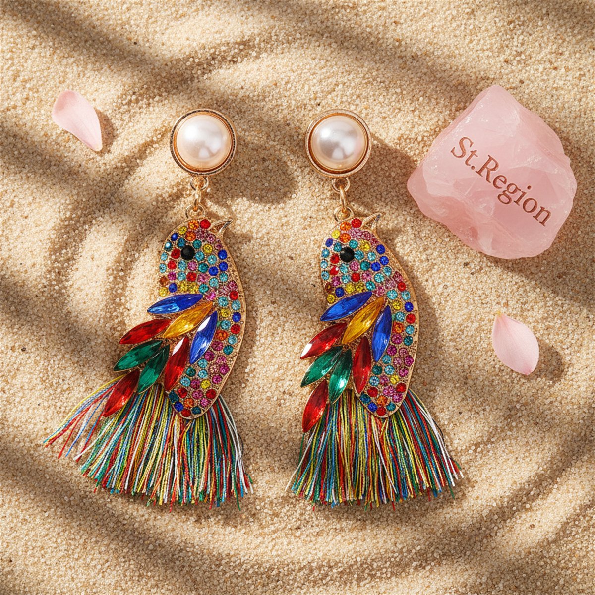 Cubic Zirconia and Crystal Pearl 18K Gold-Plated Bird Fringe Drop Earrings, gold drop earrings for women, detail close-up