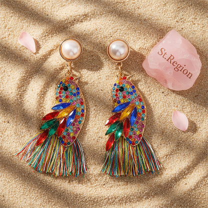Cubic Zirconia and Crystal Pearl 18K Gold-Plated Bird Fringe Drop Earrings, gold drop earrings for women, detail close-up