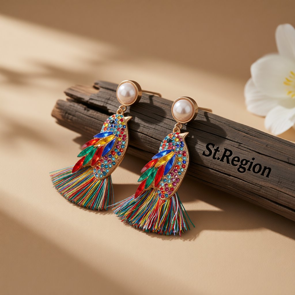 Cubic Zirconia and Crystal Pearl 18K Gold-Plated Bird Fringe Drop Earrings, gold drop earrings for women, front view