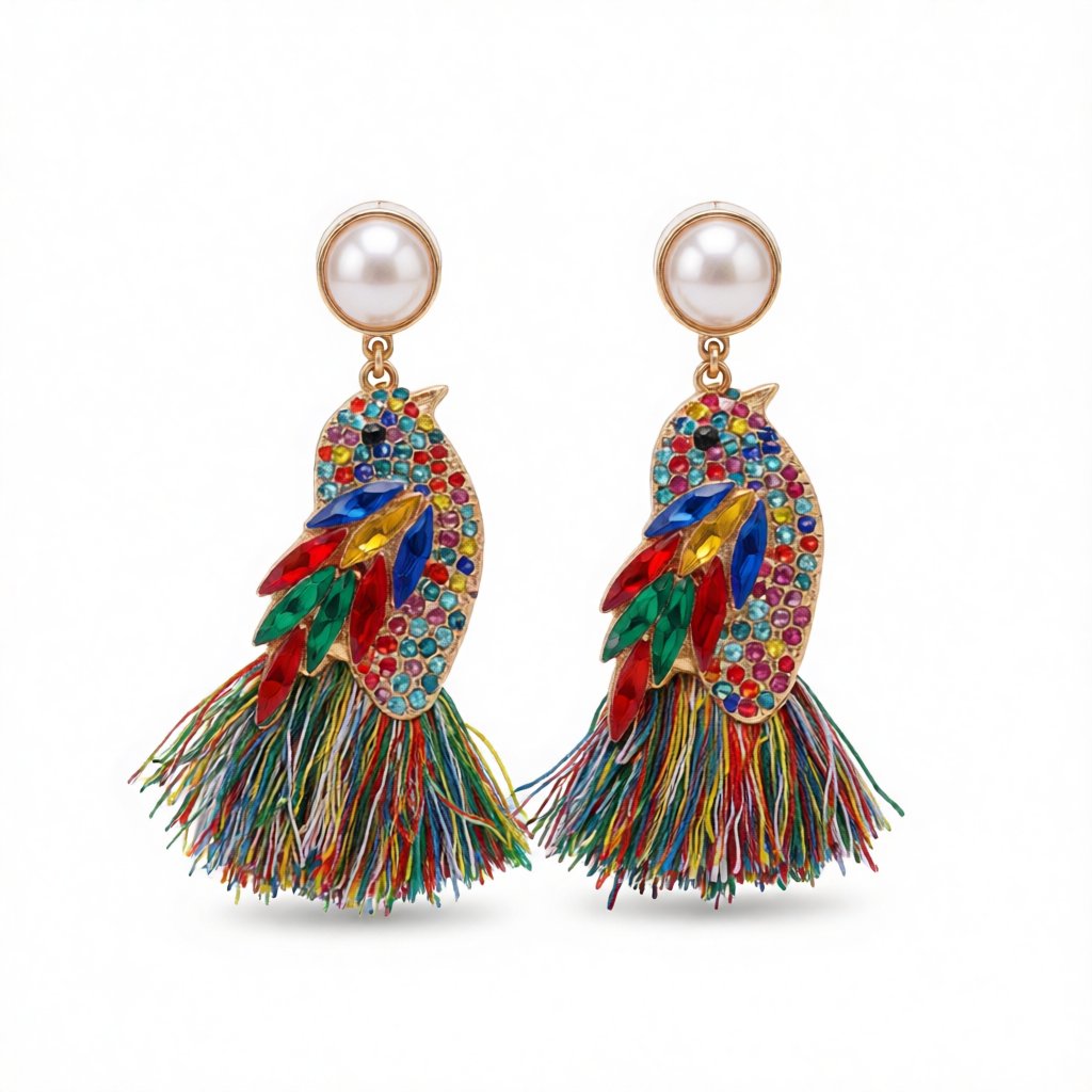 Cubic Zirconia and Crystal Pearl 18K Gold-Plated Bird Fringe Drop Earrings, gold drop earrings for women, side view