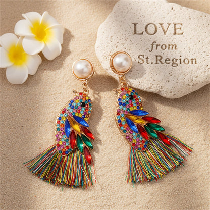 Cubic Zirconia and Crystal Pearl 18K Gold-Plated Bird Fringe Drop Earrings, gold drop earrings for women, lifestyle look
