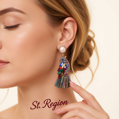 Cubic Zirconia and Crystal Pearl 18K Gold-Plated Bird Fringe Drop Earrings, gold drop earrings for women, styled look