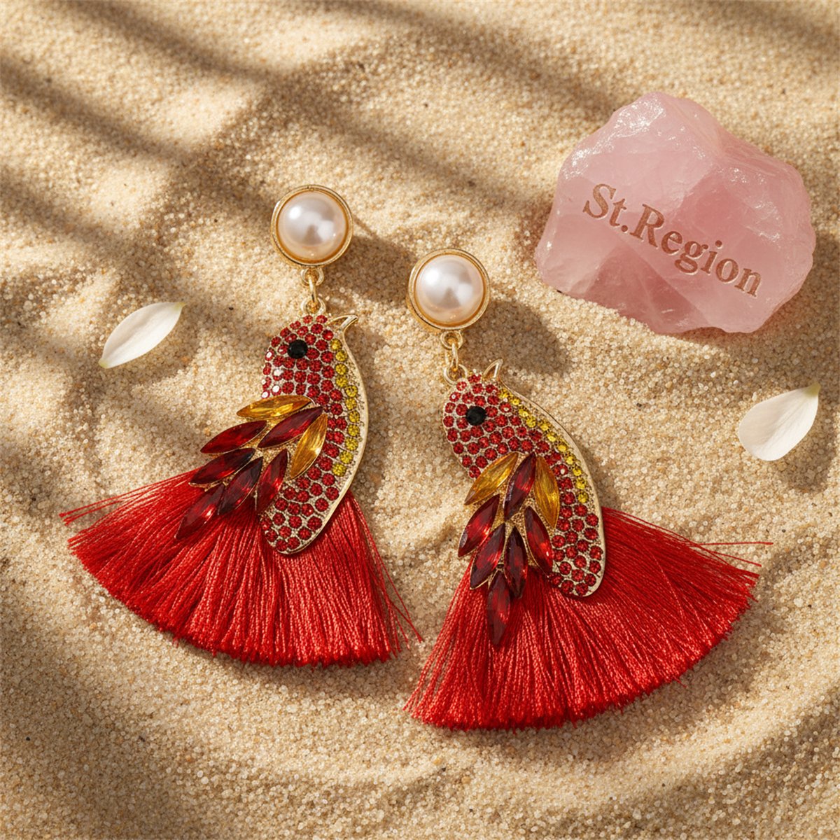 Red Crystal and Cubic Zirconia Pearl Bird Tassel Drop Earrings, drop earrings for women, everyday style, detail close-up