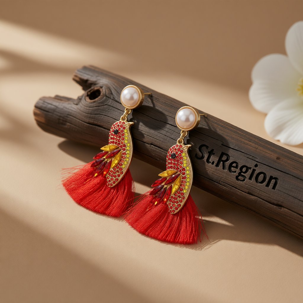 Red Crystal and Cubic Zirconia Pearl Bird Tassel Drop Earrings, drop earrings for women, everyday style, front view