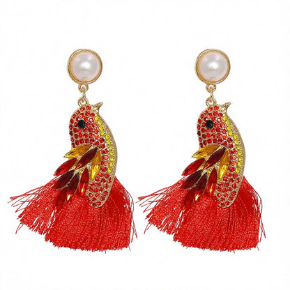 Red Crystal and Cubic Zirconia Pearl Bird Tassel Drop Earrings, drop earrings for women, everyday style, side view