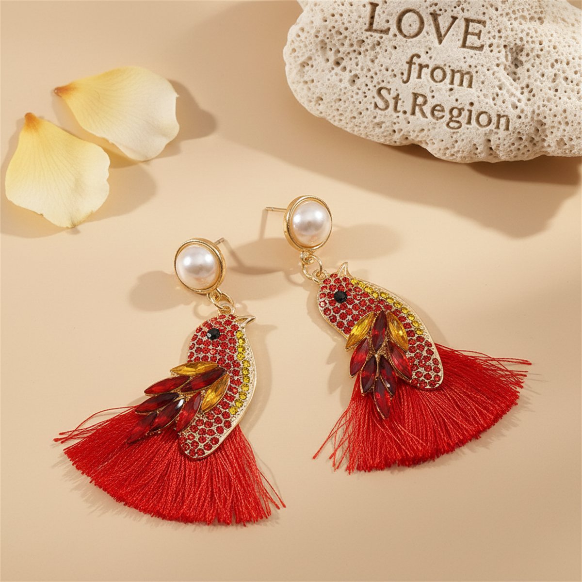 Red Crystal and Cubic Zirconia Pearl Bird Tassel Drop Earrings, drop earrings for women, everyday style, lifestyle look