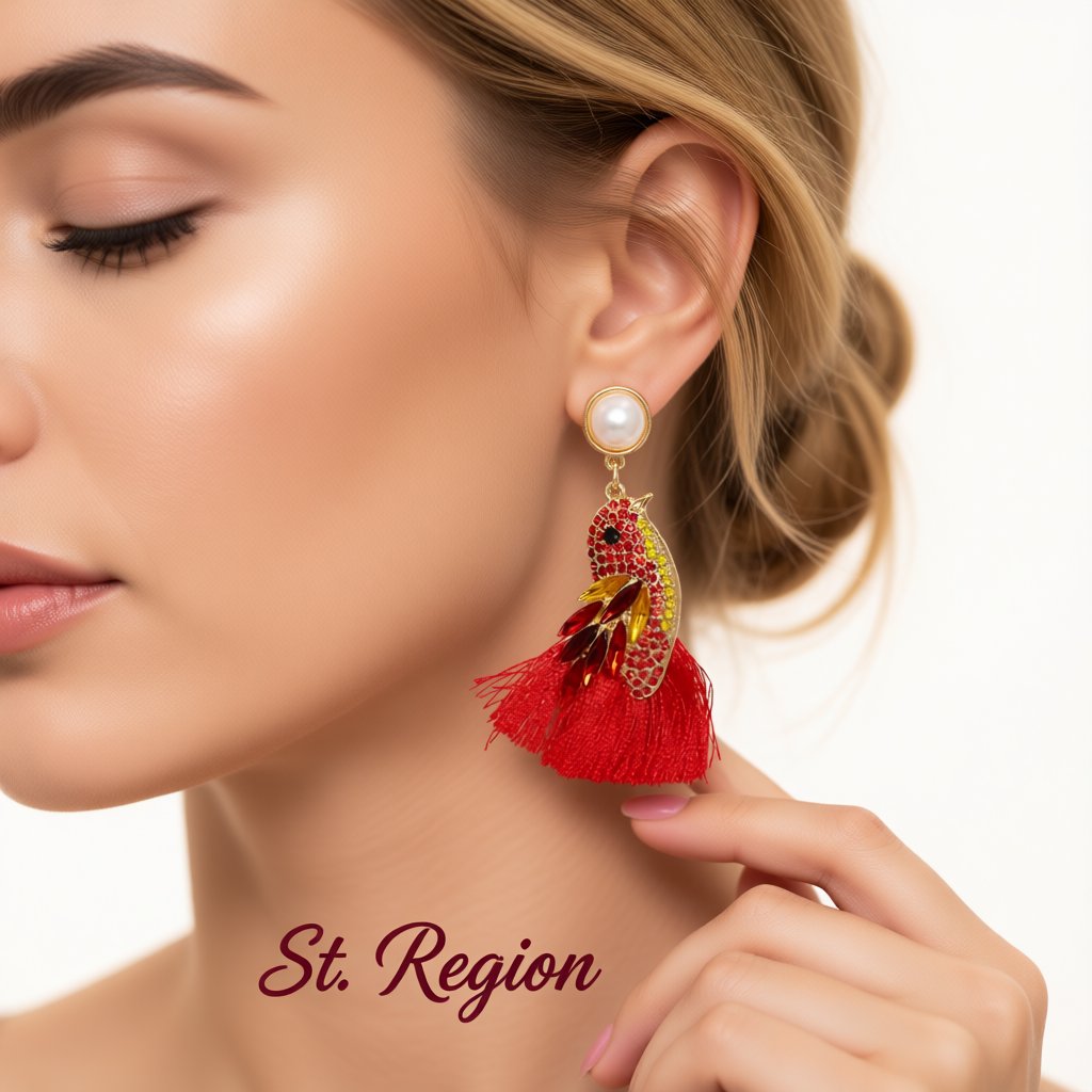 Red Crystal and Cubic Zirconia Pearl Bird Tassel Drop Earrings, drop earrings for women, everyday style, styled look