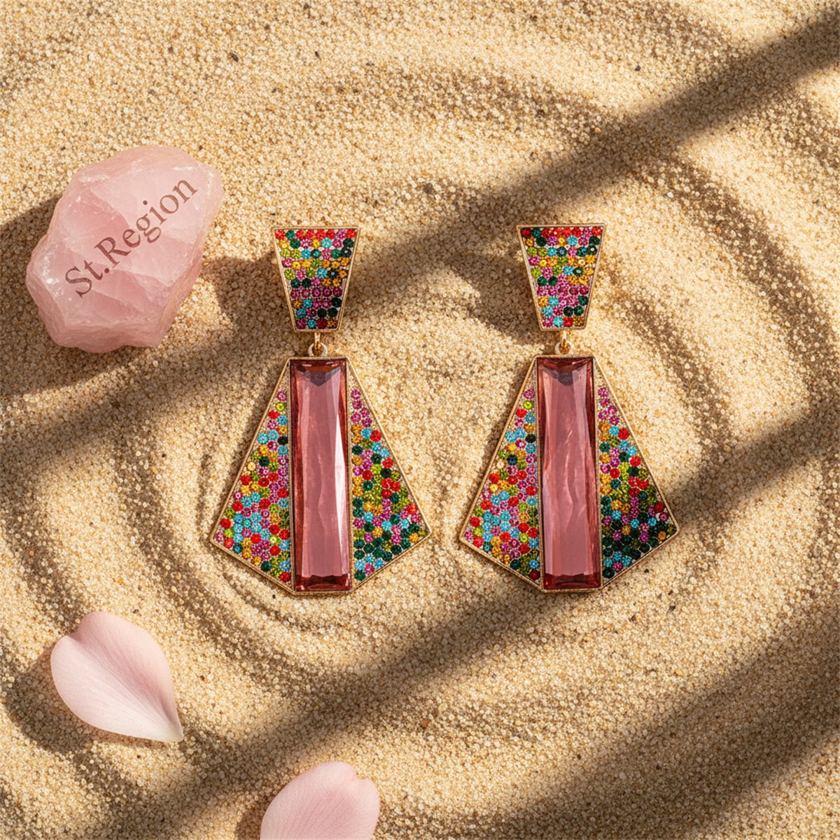 Red Crystal and Cubic Zirconia 18K Gold-Plated Abstract Drop Earrings, gold drop earrings for women, detail close-up