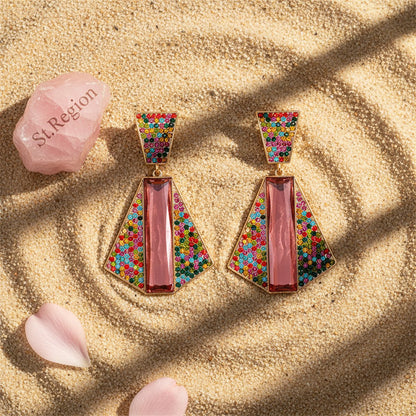 Red Crystal and Cubic Zirconia 18K Gold-Plated Abstract Drop Earrings, gold drop earrings for women, detail close-up