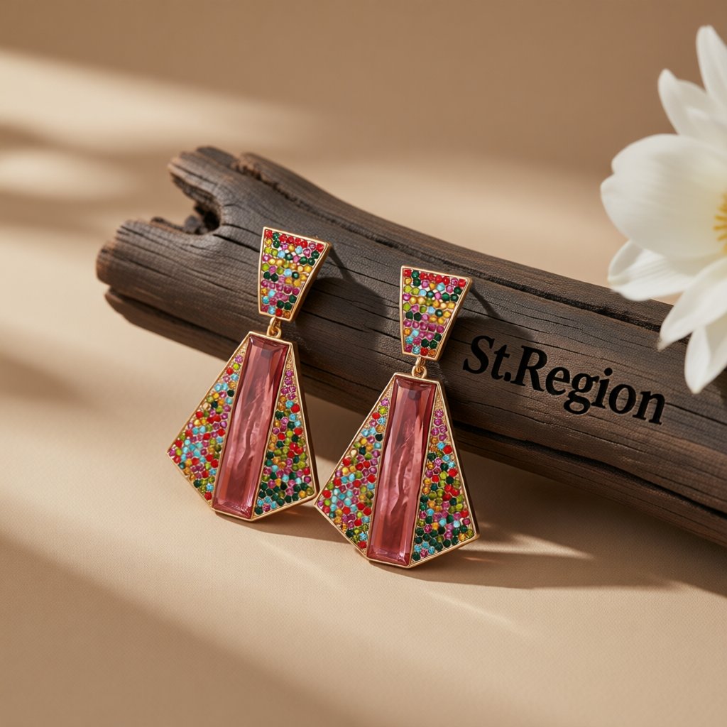 Red Crystal and Cubic Zirconia 18K Gold-Plated Abstract Drop Earrings, gold drop earrings for women, front view