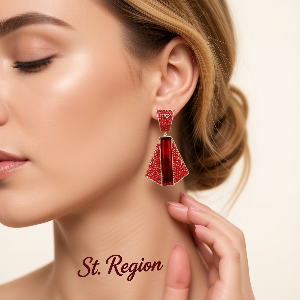Red Crystal and Cubic Zirconia 18K Gold-Plated Geometric Drop Earrings, gold drop earrings for women, styled look