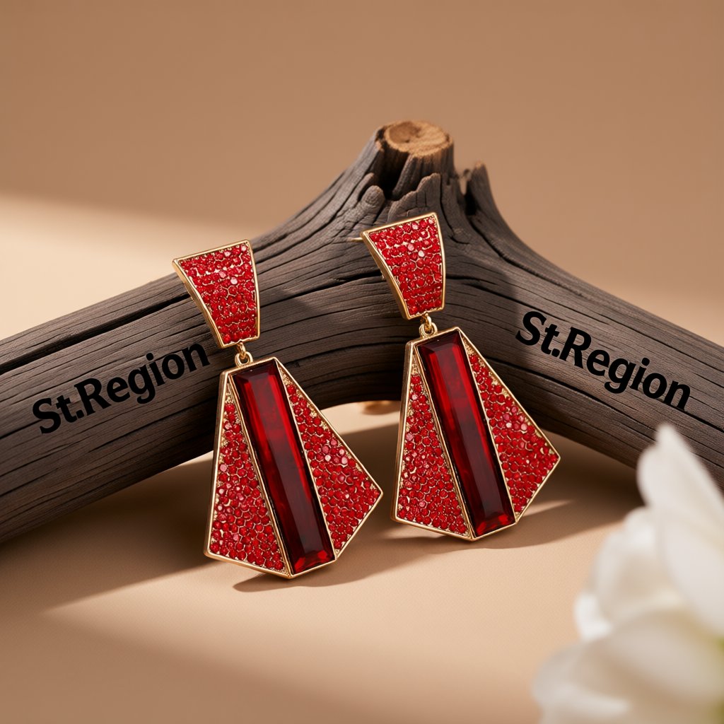 Red Crystal and Cubic Zirconia 18K Gold-Plated Geometric Drop Earrings, gold drop earrings for women, front view