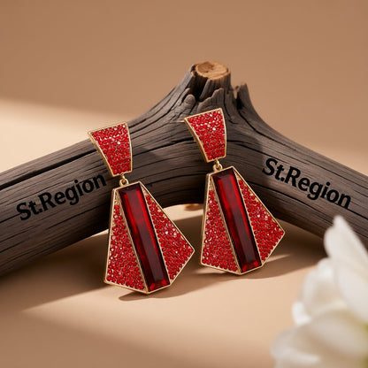 Red Crystal and Cubic Zirconia 18K Gold-Plated Geometric Drop Earrings, gold drop earrings for women, front view