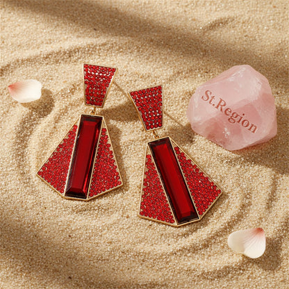 Red Crystal and Cubic Zirconia 18K Gold-Plated Geometric Drop Earrings, gold drop earrings for women, detail close-up