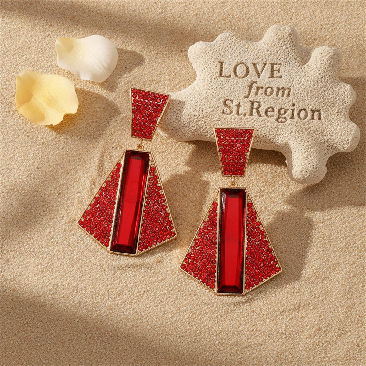 Red Crystal and Cubic Zirconia 18K Gold-Plated Geometric Drop Earrings, gold drop earrings for women, lifestyle look