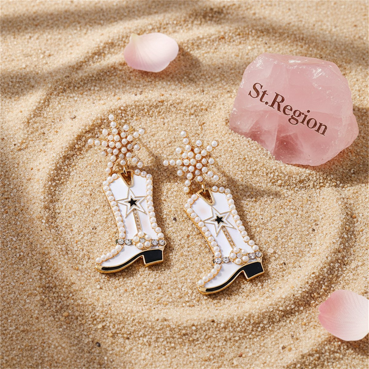 Cubic Zirconia and Pearl 18K Gold-Plated Cowboy Boot Drop Earrings, gold drop earrings for women, detail close-up