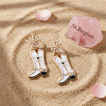 Cubic Zirconia and Pearl 18K Gold-Plated Cowboy Boot Drop Earrings, gold drop earrings for women, detail close-up