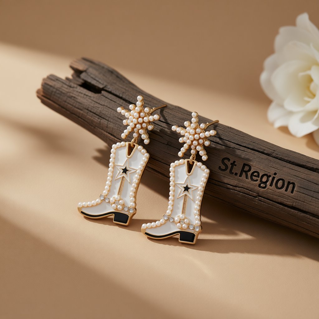 Cubic Zirconia and Pearl 18K Gold-Plated Cowboy Boot Drop Earrings, gold drop earrings for women, everyday style, front view
