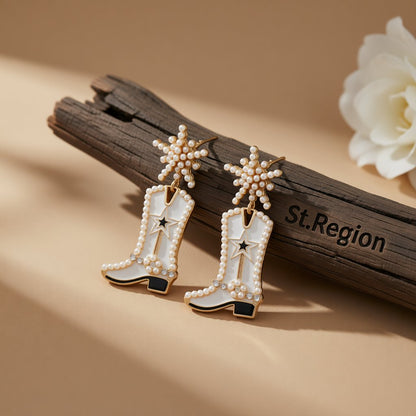 Cubic Zirconia and Pearl 18K Gold-Plated Cowboy Boot Drop Earrings, gold drop earrings for women, everyday style, front view