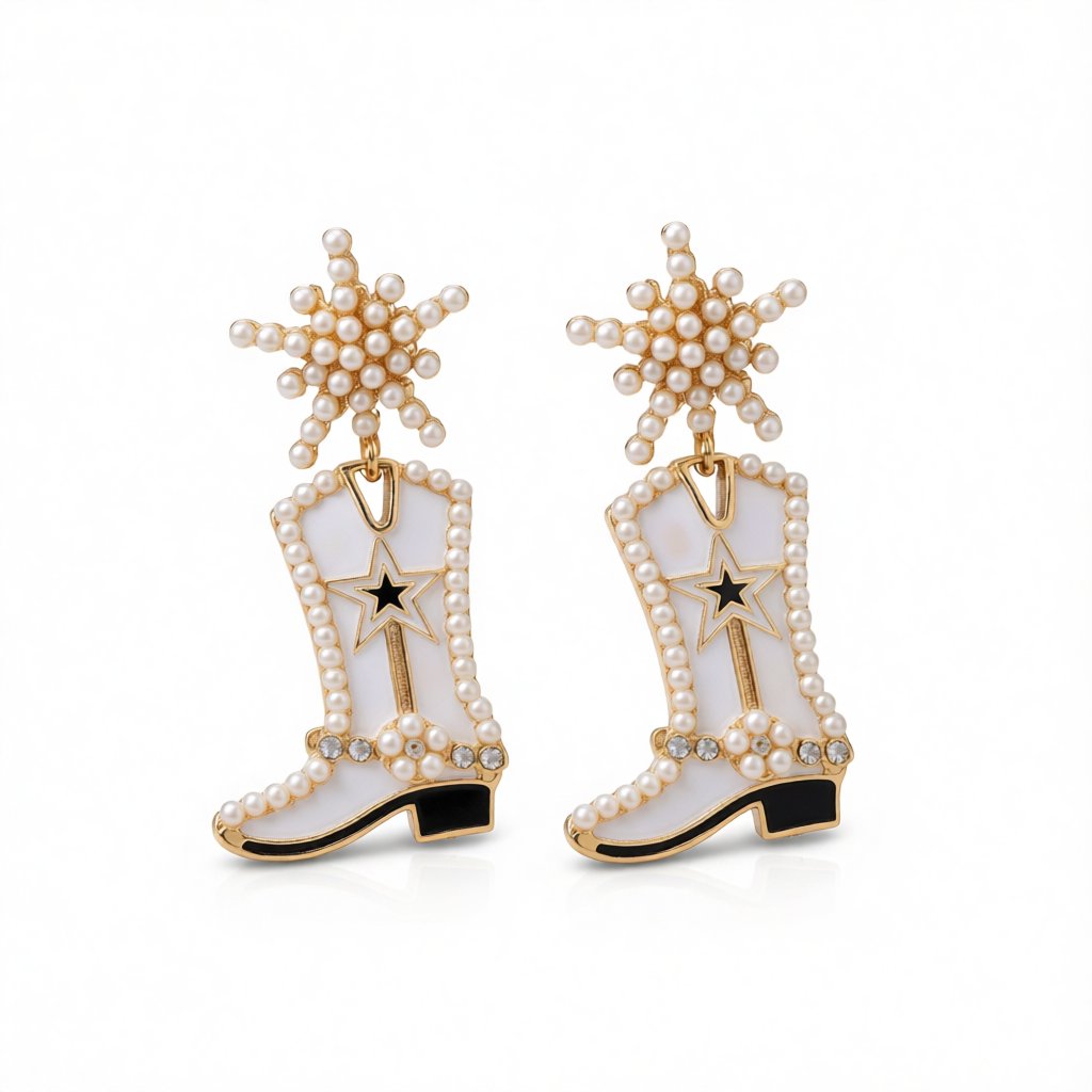 Cubic Zirconia and Pearl 18K Gold-Plated Cowboy Boot Drop Earrings, gold drop earrings for women, everyday style, side view