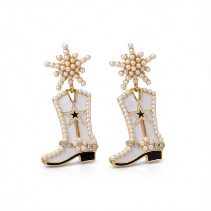 Cubic Zirconia and Pearl 18K Gold-Plated Cowboy Boot Drop Earrings, gold drop earrings for women, everyday style, side view