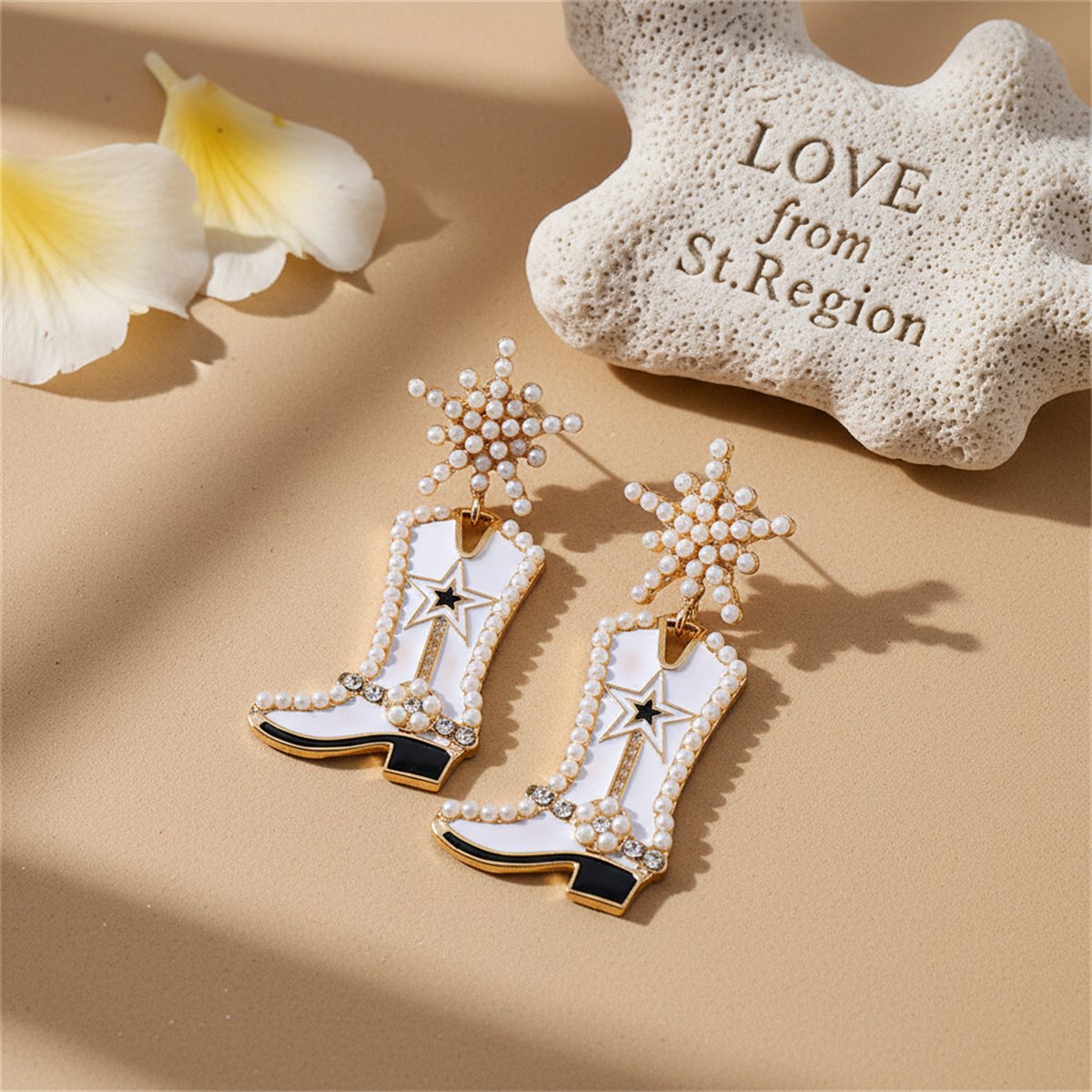 Cubic Zirconia and Pearl 18K Gold-Plated Cowboy Boot Drop Earrings, gold drop earrings for women, lifestyle look