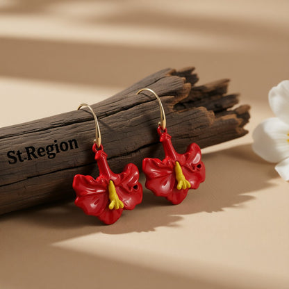 Red Enamel and 18K Gold-Plated Petunia Drop Earrings, gold drop earrings for women, botanical inspired, front view