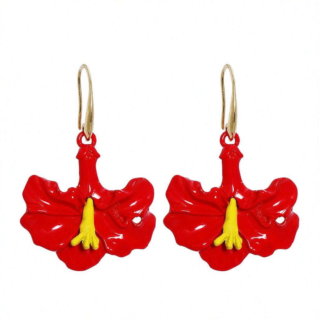 Red Enamel and 18K Gold-Plated Petunia Drop Earrings, gold drop earrings for women, botanical inspired, side view