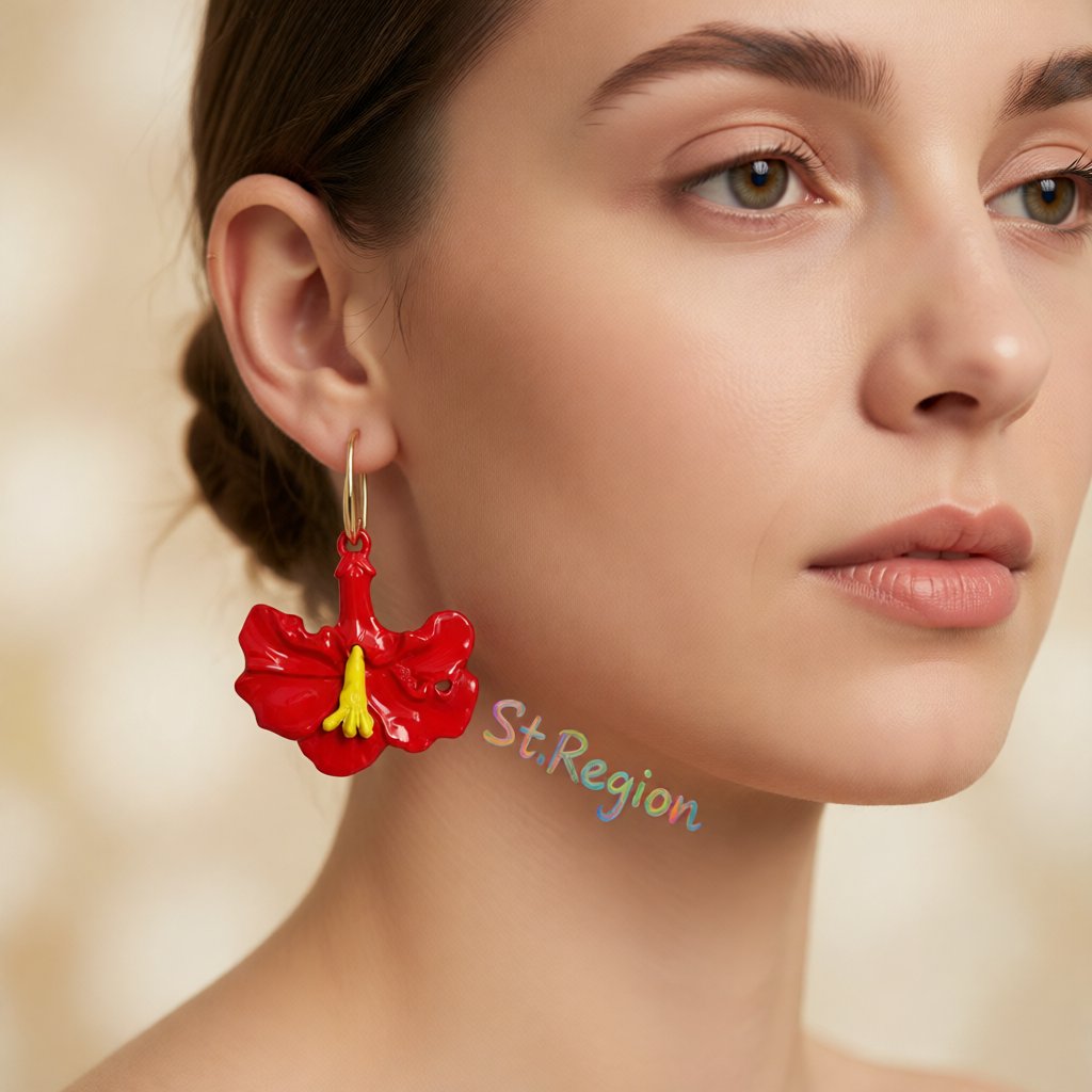 Red Enamel and 18K Gold-Plated Petunia Drop Earrings, gold drop earrings for women, botanical inspired, styled look