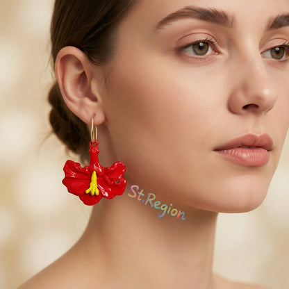 Red Enamel and 18K Gold-Plated Petunia Drop Earrings, gold drop earrings for women, botanical inspired, styled look