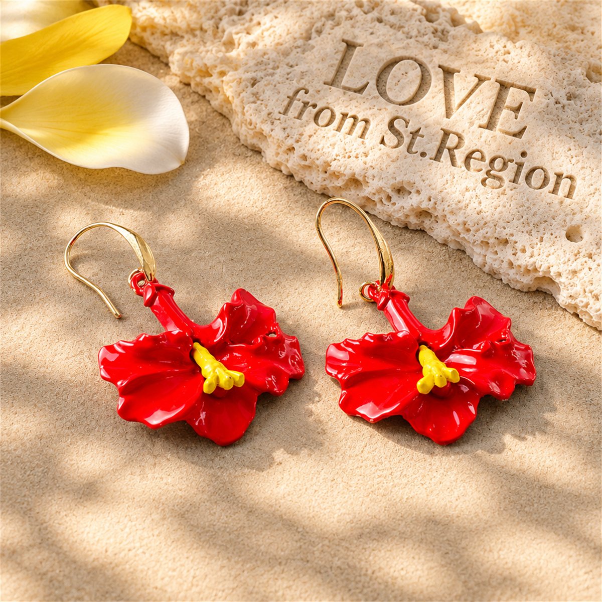 Red Enamel and 18K Gold-Plated Petunia Drop Earrings, gold drop earrings for women, botanical inspired, lifestyle look