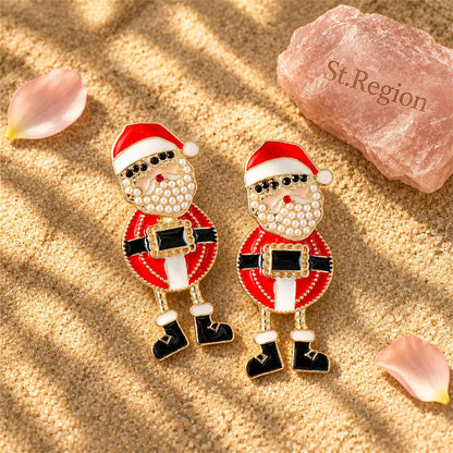 Red Enamel and Pearl 18K Gold-Plated Santa Drop Earrings, gold drop earrings for women, elegant gift for her, detail close-up