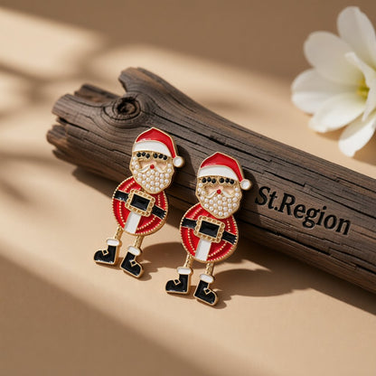Red Enamel and Pearl 18K Gold-Plated Santa Drop Earrings, gold drop earrings for women, elegant gift for her, front view