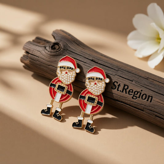 Red Enamel and Pearl 18K Gold-Plated Santa Drop Earrings, gold drop earrings for women, elegant gift for her, front view